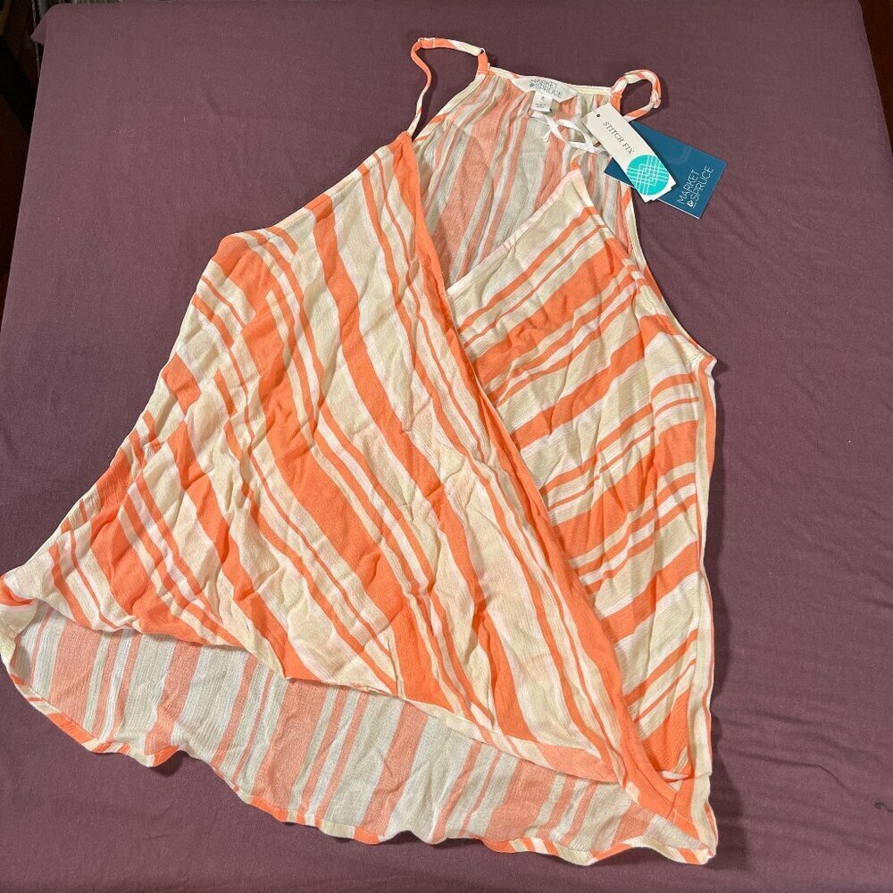 Market & Spruce Striped Orange/Cream/White Spaghetti Strap Blouse Top - Medium